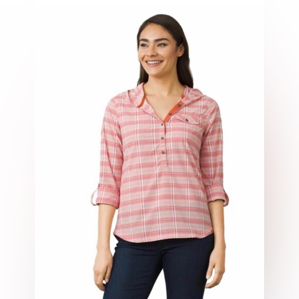 prAna Cosmo Pink Hooded UPF Quick-Dry ANJA TOP Roll Tab Sleeves Women’s Small